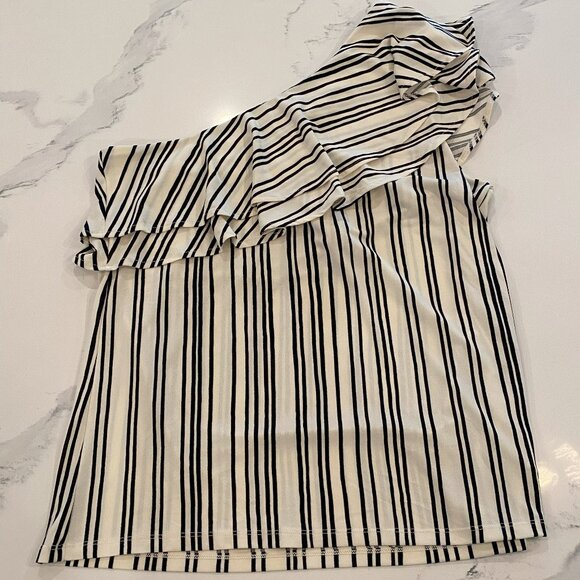 No tag - Zara - One Sleeve, Swoop Neck, Cream/Black Striped, Ruffle Top - Size L - Picture 1 of 4